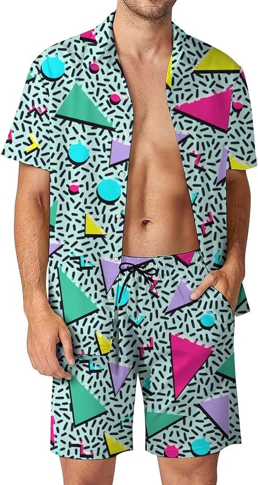 Mens 80s 90s 2 Pieces Vintage Shirts and Shorts Set Disco Beach Outfit Retro Tracksuits Summer Hawaiian Party