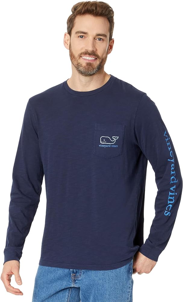 vineyard vines Men's Garment-Dyed Vintange Whale Long-Sleeve Pocket Tee