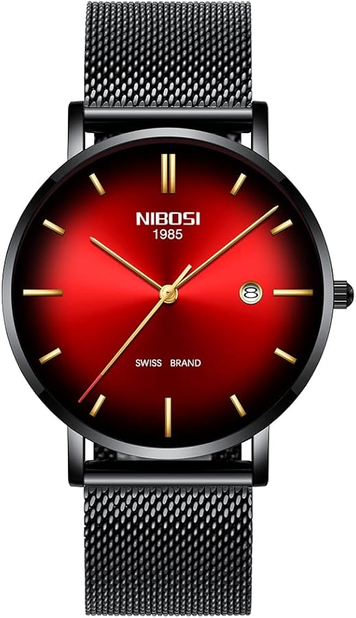 NIBOSI Mens Watch Ultra Thin Wrist Watches for Men Fashion Waterproof Dress Black Stainless Steel Band (Black red)