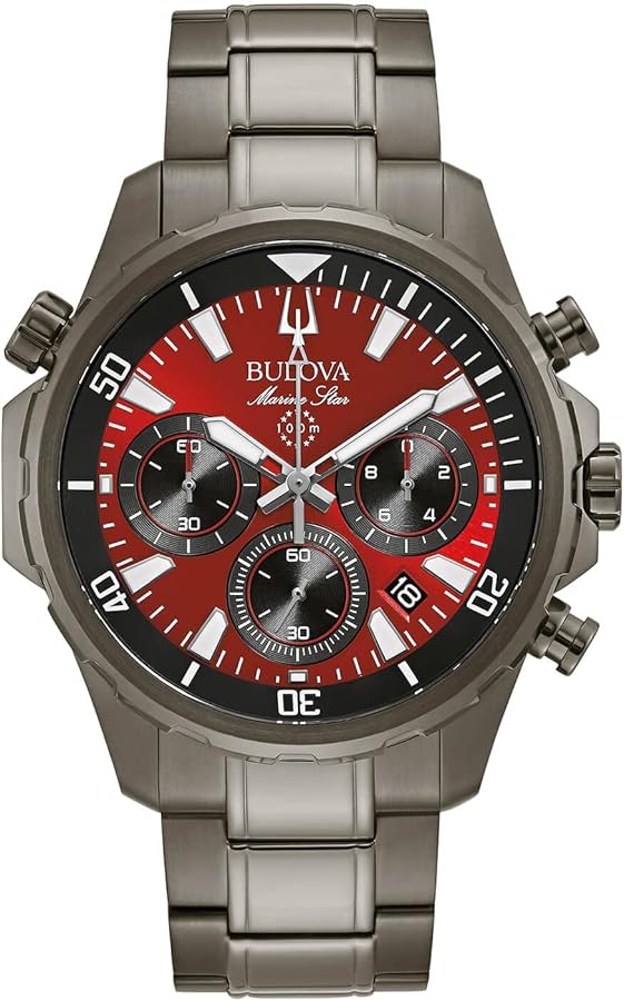 Bulova Men's Marine Star Series B Gray Ion Plated Stainless Steel 6-Hand Chronograph Quartz Watch, Red Dial Style: 98B350