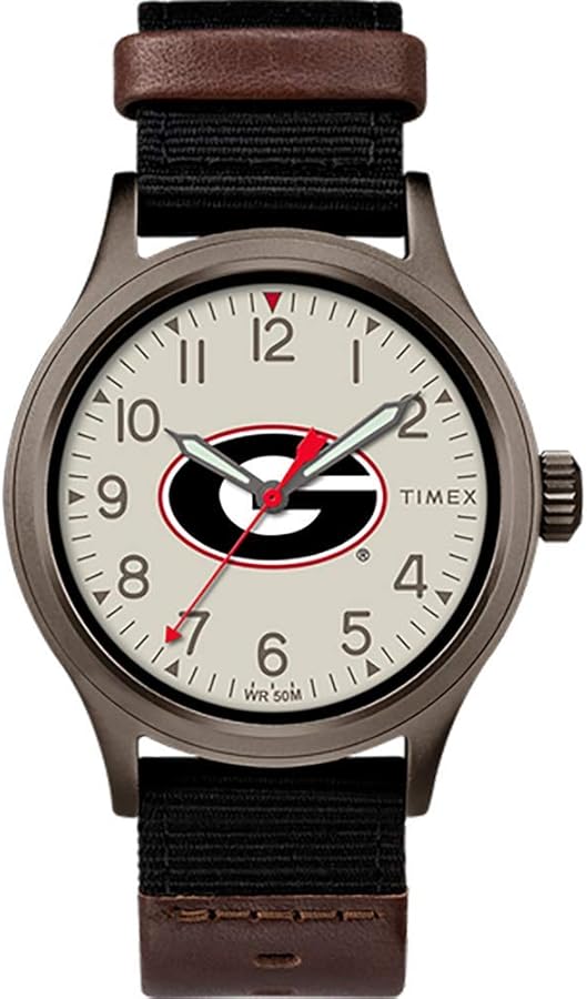 Timex Men's Collegiate Clutch 40mm Watch – Alabama Crimson Tide with Black Fabric & Brown Leather Strap