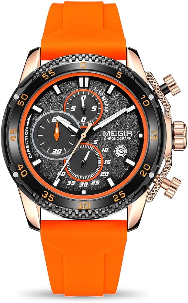 MEGIR Men's Sports Analogue Chronograph Luminous Quartz Watches with Stylish Orange Silicone Strap for Gifts (2211 Orange)