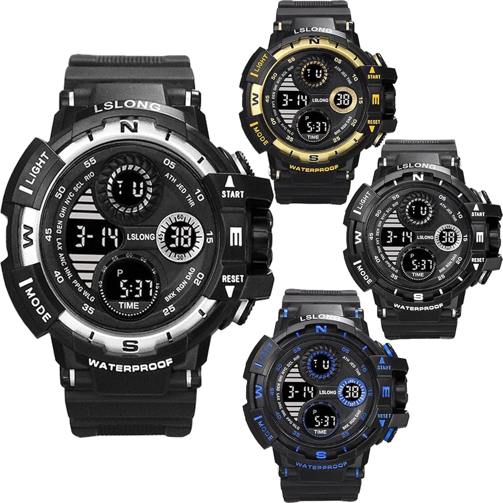 4 Pack Men's Military LED Watch Outdoor Sports Electronic Watch Tactical Army Wristwatch Stopwatch Waterproof Digital Analog Watches (Blue)