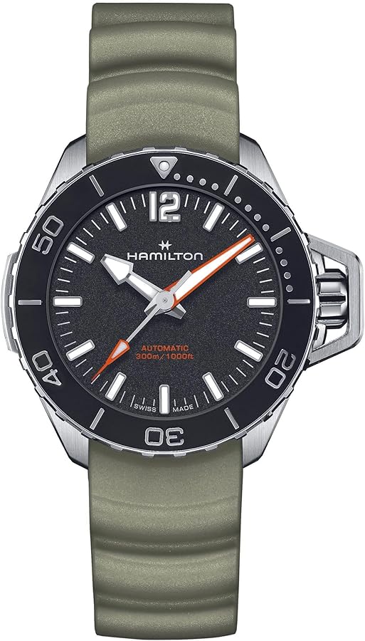 Hamilton Watch Khaki Navy Frogman Auto | Swiss Made | 41mm Stainless Steel Case | Black Dial Analog Watch | Green Rubber Strap (Model: H77455331)