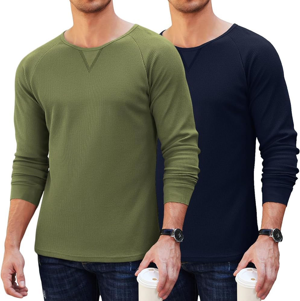 COOFANDY Men's 2 Pack Waffle Shirts Long Sleeve T Shirts Casual Crew Neck Knit Pullover Tops