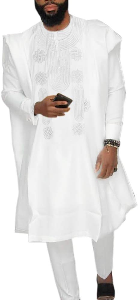 HD African Mens Apparel Agbada Clothing Embroidery Dashiki Shirts and Pants Outfits 3 Pieces