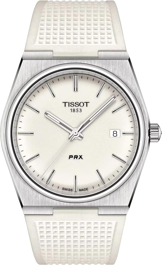 Tissot Mens PRX 316L Stainless Steel case Quartz Watches, White, Rubber, 12 (T1374101701100)