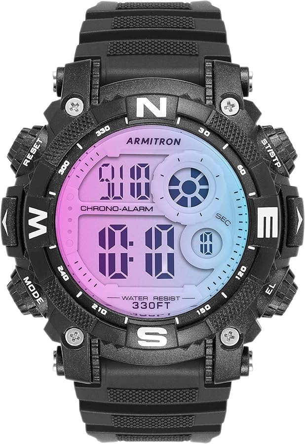 Armitron Unisex Digital Chronograph Rainbow Dial Black Resin Strap Watch, 40/8284RBB