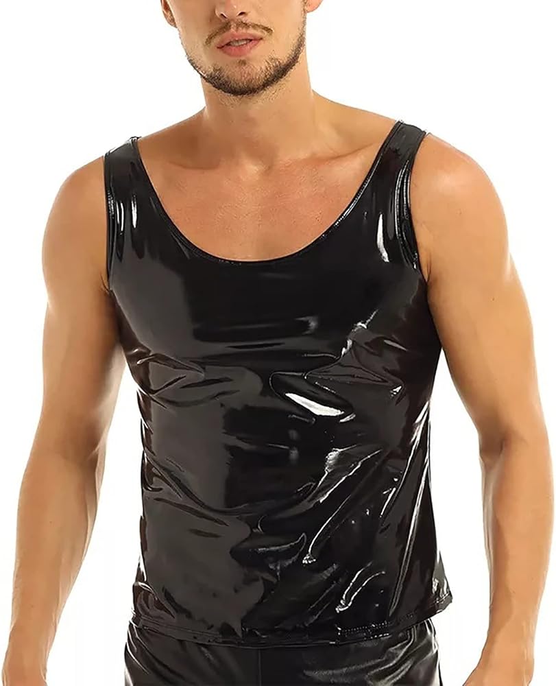 Panegy Men's Black Leather Tshirt Short Sleeve PVC Tunic & Sleeveless Tank Top M-XXL