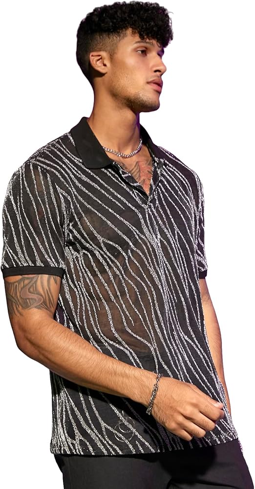 WDIRARA Men's Marble Print Glitter Mesh Sheer Collared Short Sleeve Tee Top Striped Party T Shirt