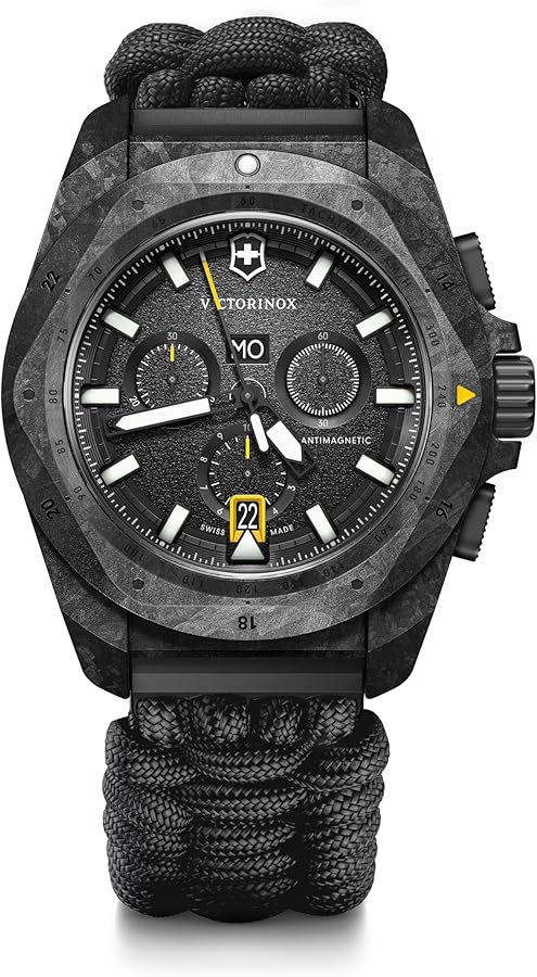 Victorinox I.N.O.X. Chrono 43mm Mens Watch - Black Carbon Case, Black Carbon Bezel, and Black Paracord Strap