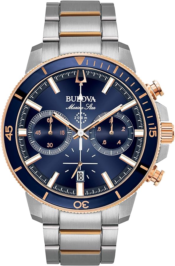 Bulova Men's Marine Star Series C Two-Tone Rose Gold Stainless Steel 6-Hand Chronograph Quartz Watch, Blue Dial Style: 98B301