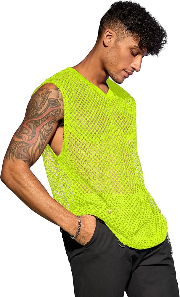 WDIRARA Men's Sheer Mesh Sleeveless V Neck Tank Top T Shirt Party Top