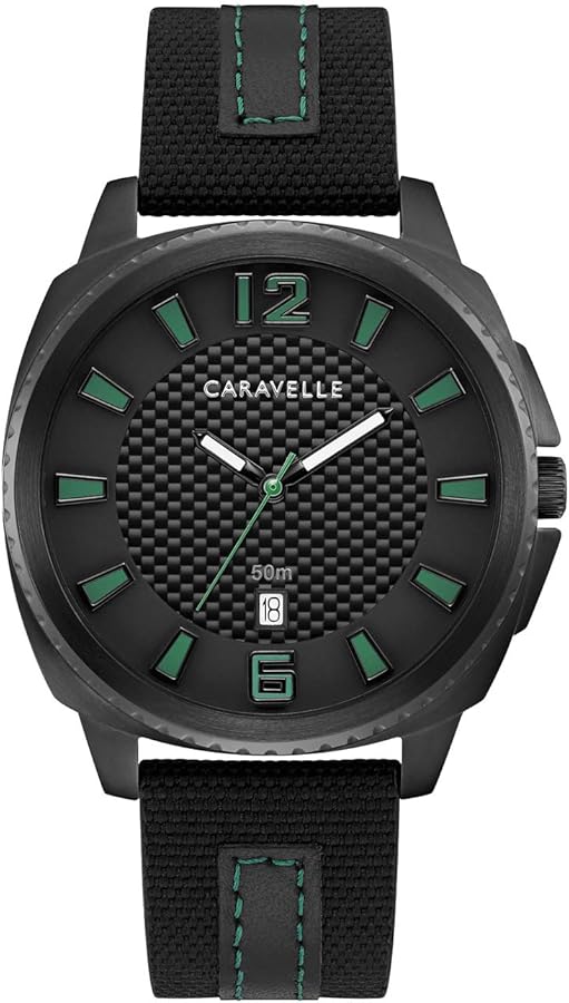 Caravelle by Bulova Sport Quartz Mens Watch, Stainless Steel with Black Nylon & Leather Strap, Black (Model: 45B155)