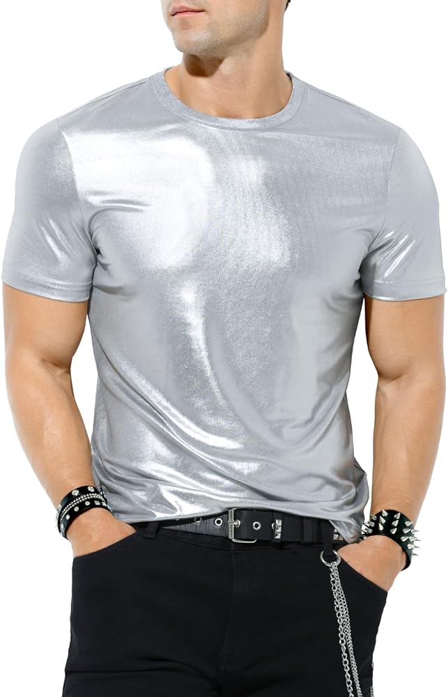 Casey Kevin Mens Metallic T-Shirts 70s Disco Outfits for Mens Holographic Short Sleeve Shiny Tops