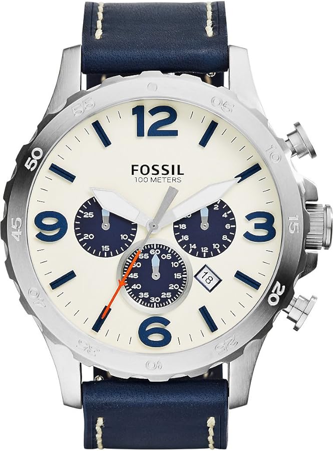 Fossil Men's JR1480 Nate Stainless Steel Chronograph Watch with Navy Leather Band