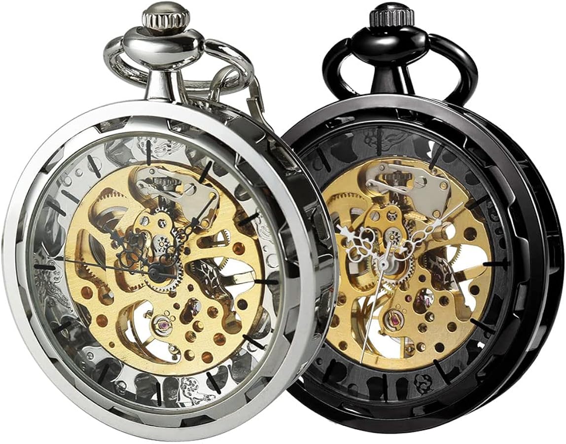 VIGOROSO Mens Classic Steampunk Pocket Watch Silver Skeleton Hand Wind Mechanical Watches in Box Mens Steampunk Pocket Watch with Chain Skeleton Manual Hand Wind Mechanical Watches for Men,