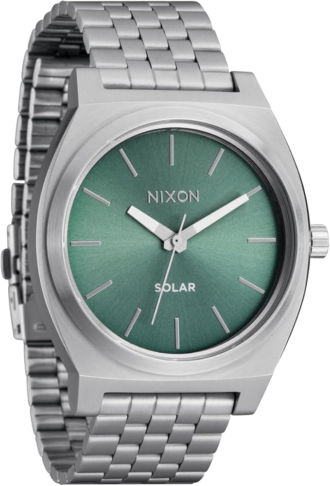 NIXON Time Teller Solar A1369 - Silver/Jade Sunray - 100m Water Resistant Men's Analog Solar Powered Fashion Watch (40.5mm Watch Face, 20mm 5 Link Stainless Steel Band)