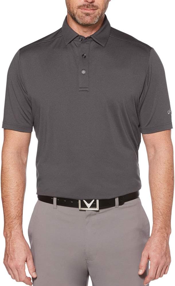 Callaway Men's Micro Hex Golf Performance Polo Shirt with Sun Protection, Solid Stretch Fabric, Asphalt, Large