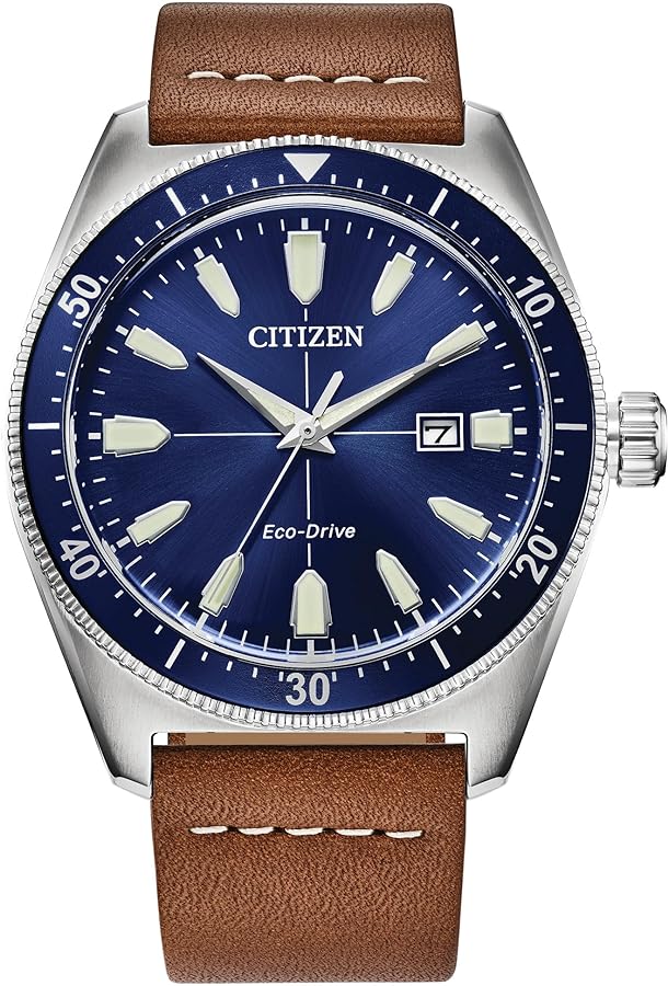 Citizen Eco-Drive Men's Sport Casual Brycen Brown Leather Strap with Blue Dial, 3-Hand Date, Luminous, 43mm