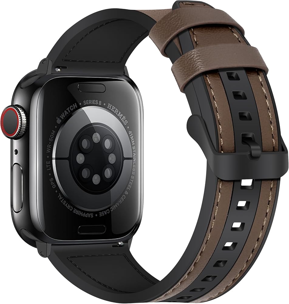 Leather-Band Compatible with Apple Watch Band 49/45/44/42/38/40/41mm men women,Comfortable Breathable Sweatproof Genuine Leather and Rubber Hybrid Watch Band