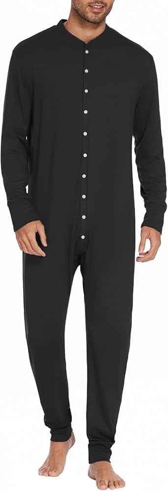 Ekouaer Men's One Piece Pajama Thermal Full Button Union Suit Long Sleeve Onesie with Button Flap S-XXL