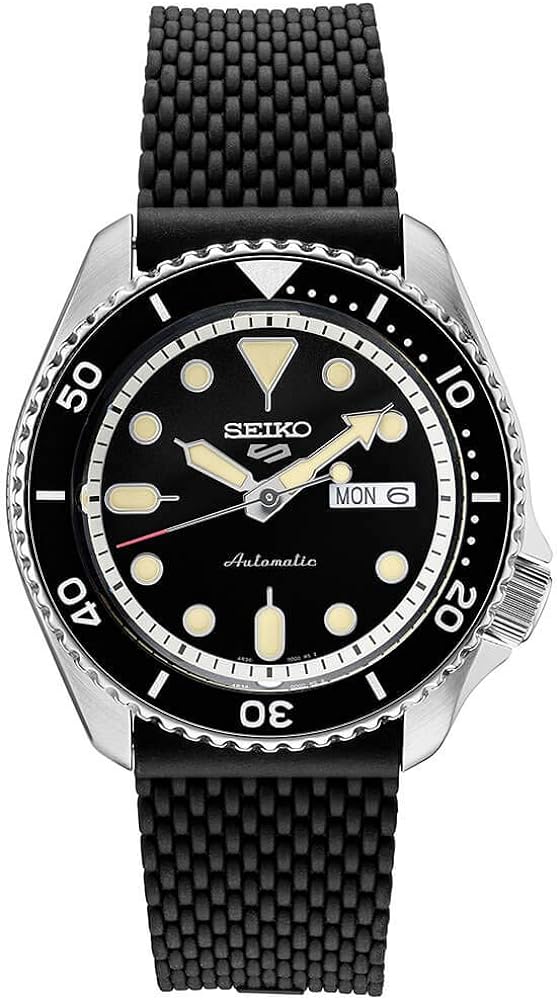 Seiko SRPD95 Men's Black Dial Watch with Black Bezel, Stainless Steel Case, and Black Silicone Strap