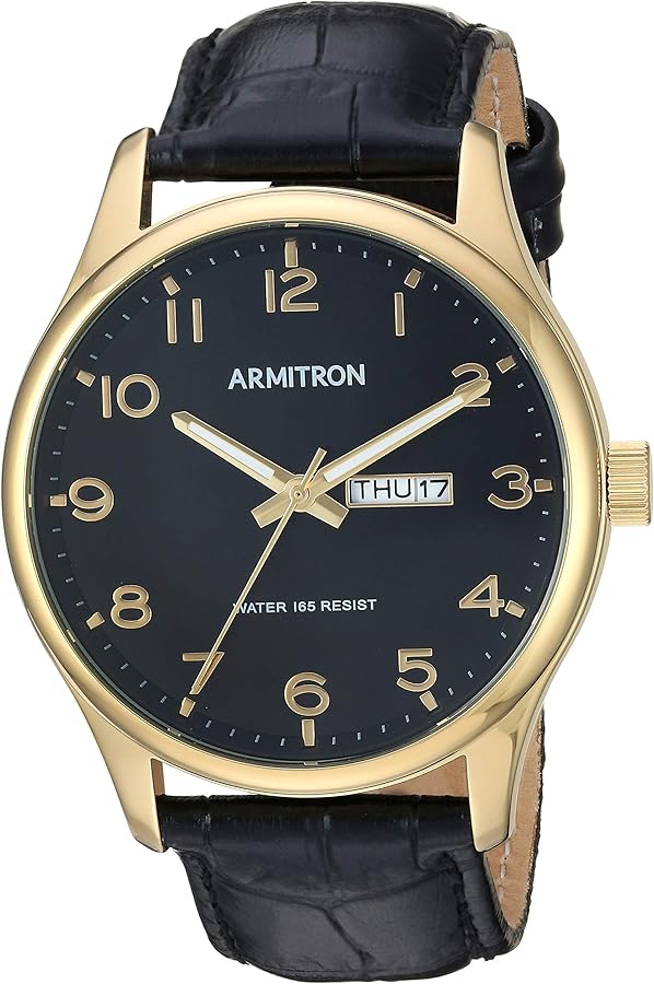 Armitron Men's Easy to Read Day/Date Function Gold-Tone and Black Leather Strap Watch, 20/5355BKGPBK