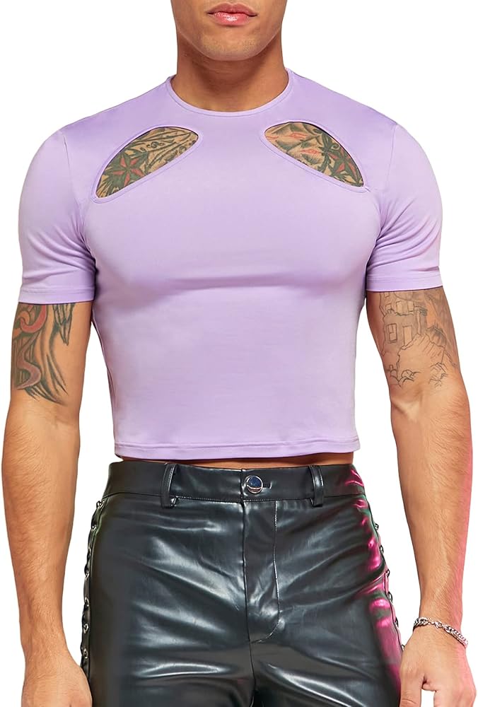 WDIRARA Men's Cut Out Round Neck Short Sleeve Crop Tee Top Casual Skinny Plain T Shirts