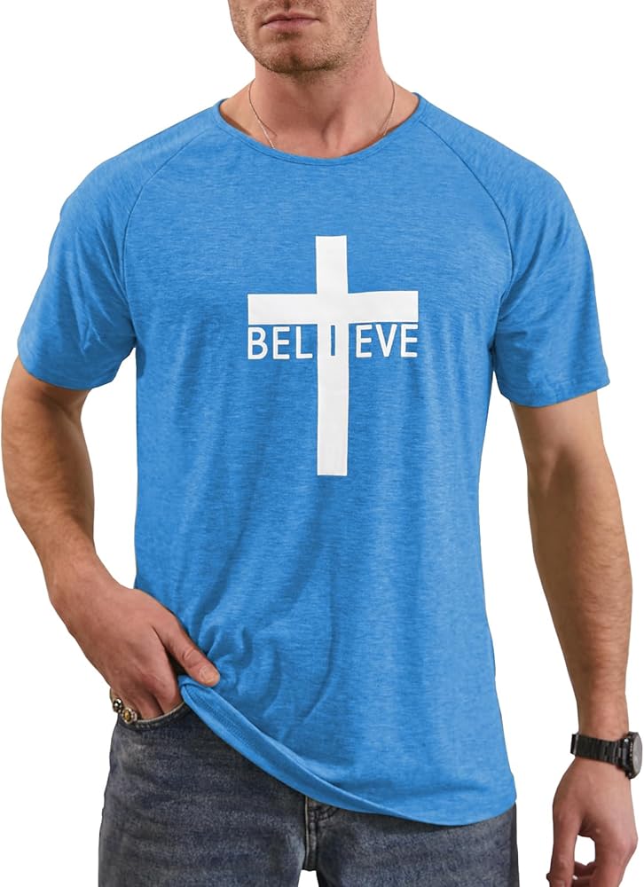 Men's Short Sleeve Crewneck Graphic Tee Believe Cross Print Christian Shirts Workout Shirts