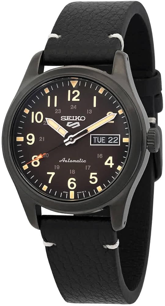 SEIKO SRPG41 Watch for Men - 5 Sports - Automatic with Manual Winding Movement, Black Dial, Stainless Steel Case with Black Ion Finish, Black Leather Strap, and 100m Water Resistant