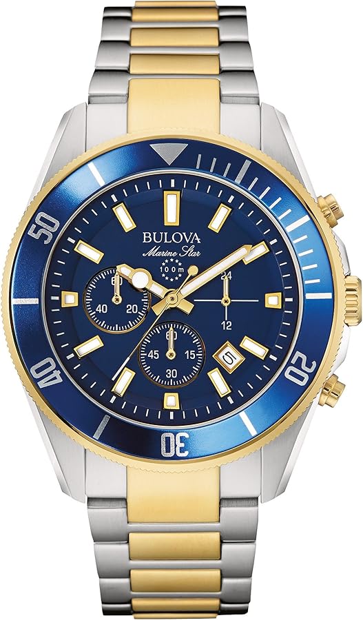 Bulova Men's Marine Star Chronograph Quartz Two Tone Gold Stainless Steel Watch, Blue, Calendar, Luminous, 43mm Style: 98B230