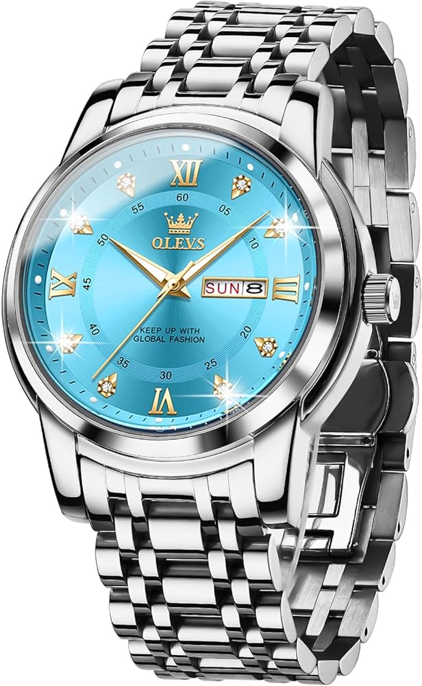 OLEVS Men Watch Blue Gold Analog Quartz Stainless Steel Waterproof Luminous Date Luxury Casual Watch