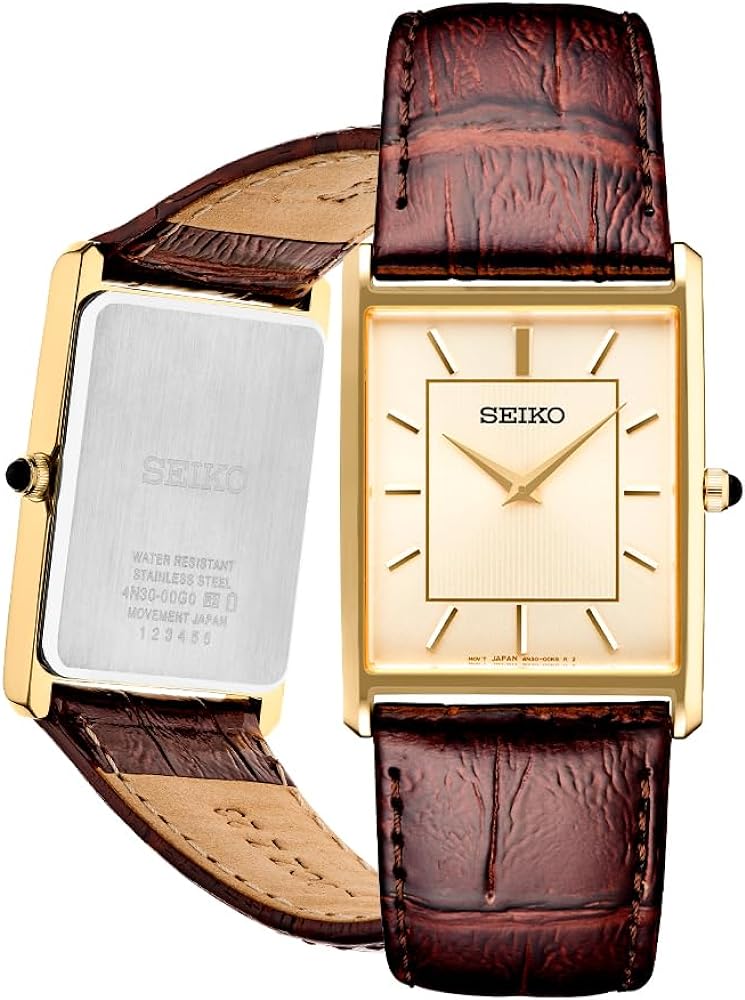 SEIKO Essentials Watch for Men - Essentials - Water Resistant with Stainless Steel Rectangular Case and Leather Strap