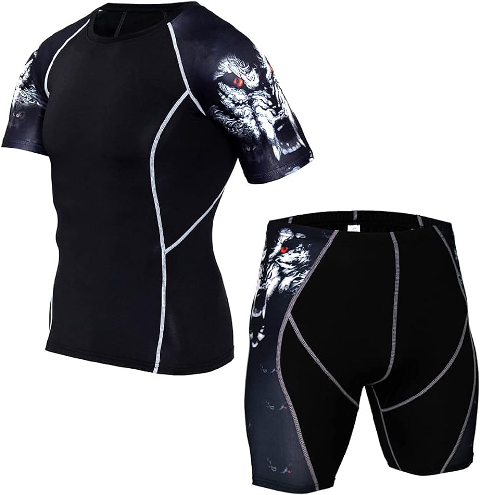 Men's Workout Set Compression Shirt & Shorts Top Shorts Sleeve Sports Base Layer Suit Quick Dry & Moisture-Wicking