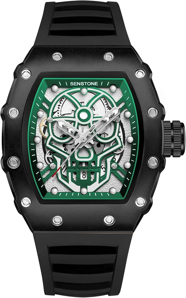 Men's Retro Punk Skull Tonneau Analog Skeleton Sports Watch, Luminous Rubber Strap, Silicone Band