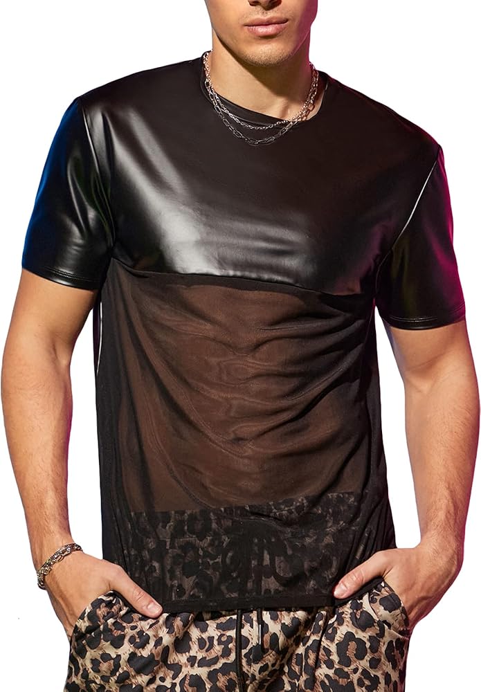 WDIRARA Men's Pu Leather Mesh Sheer T Shirts Round Neck Short Sleeve Panel Tee Top