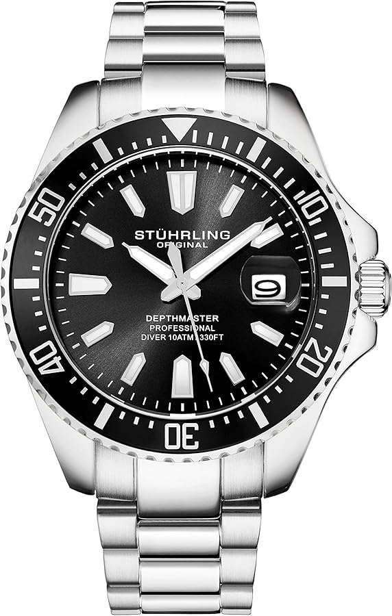 Stuhrling Original Men's Watches Dive Watch Black Dial 42MM Silver Stainless Steel Bracelet Water Resistant to 330 FT (Gold/Silver)