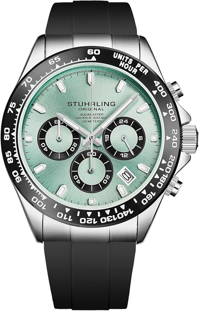 Stuhrling Aquamaster Quartz Chronograph Watch Screw Down Crown Luminous Hands, Date and 24 Hour Subdial Black Rubber Band for Men 42mm Case Water Resistance (Light Blue)