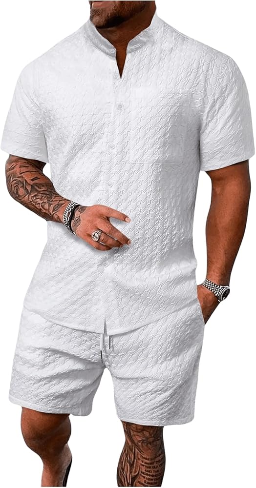 SOLY HUX Men's Casual 2 Piece Outfits Mock Neck Short Sleeve Button Down Shirt and Shorts Set with Pockets