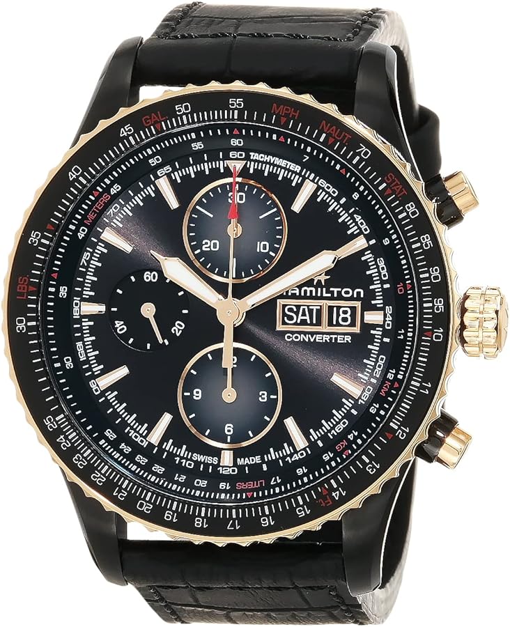 Hamilton Watch Khaki Aviation Converter Swiss Automatic Chronograph Watch 44mm Case, Black Dial, Black Leather Strap (Model: H76736730)