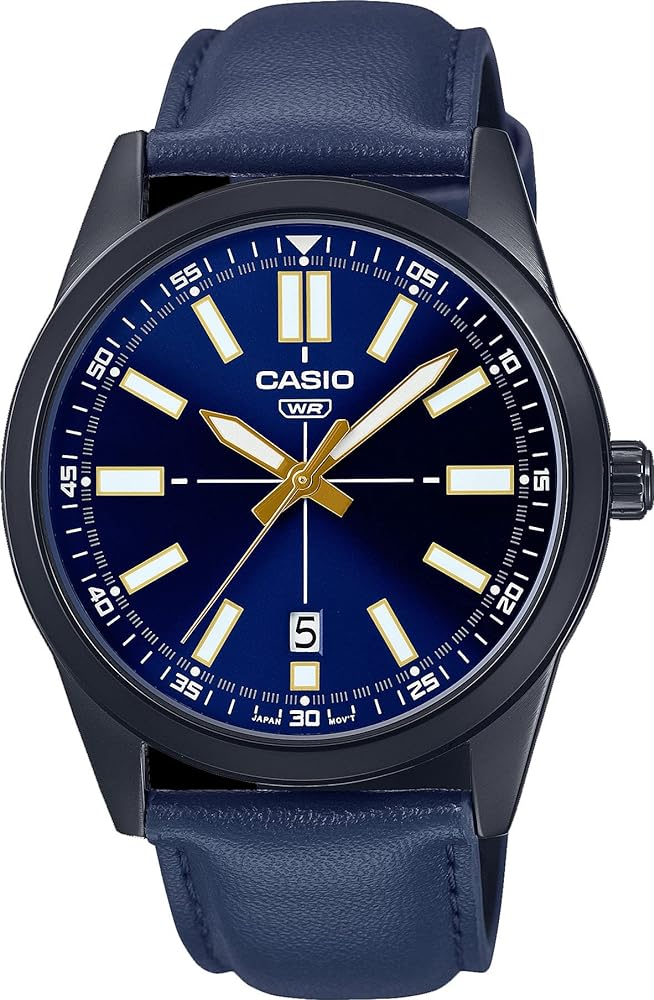 Casio MTP-VD02BL-2E Men's Black IP Blue Dial Leather Band 3-Hand Analog Watch