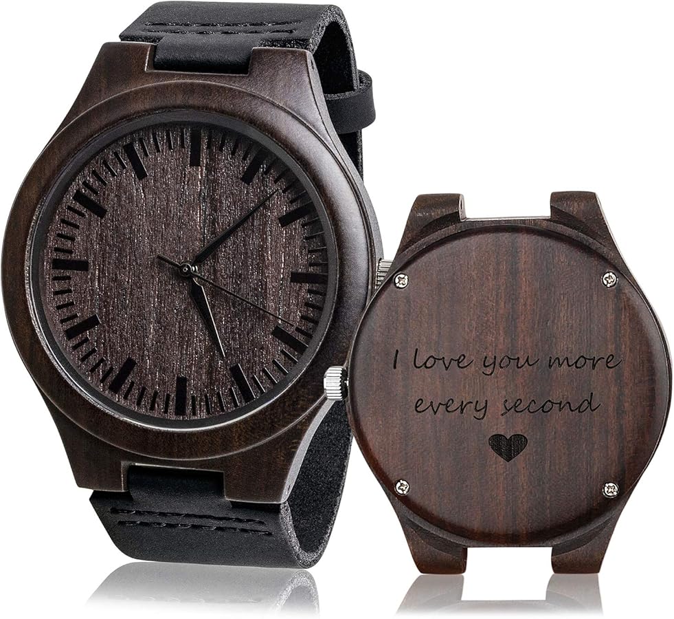 Wood Watches for Men Black Leather Strap Wristwatches Genuine Leather Band with Gifts Box - I Love You More Every Second - Personalized Watch Anniversary for Men Husband Gifts