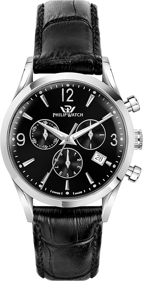 Philip Watch Men's Stainless Steel Quartz Watch with Leather Strap, Black, 2 (Model: R8271680002)