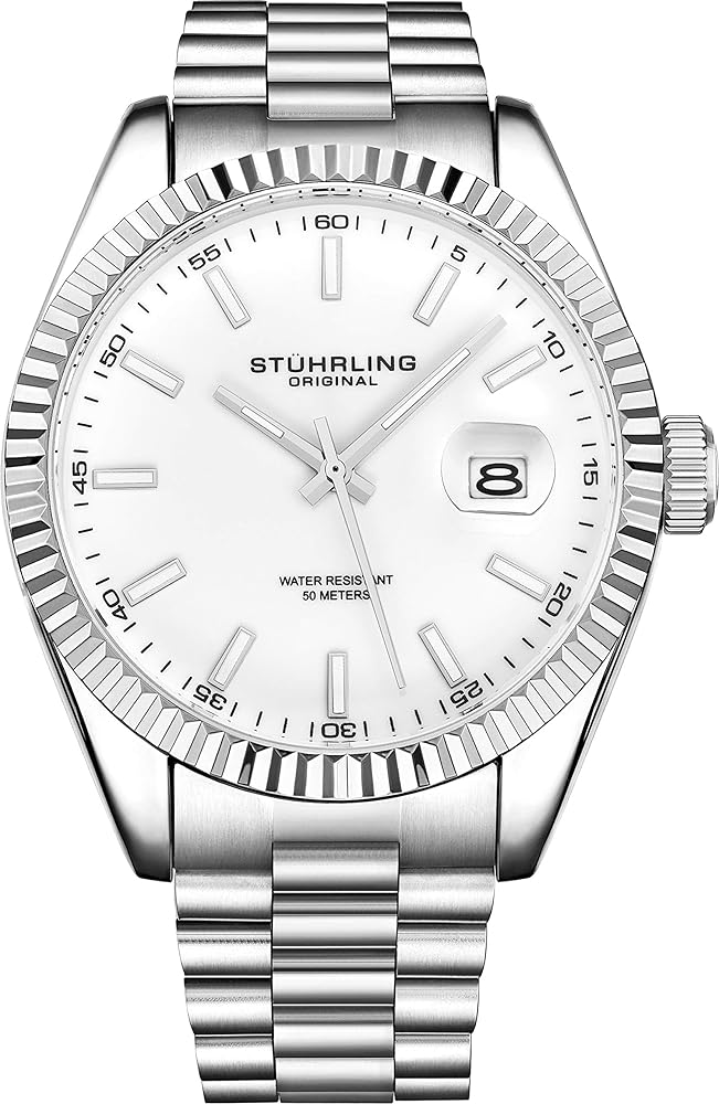 Stuhrling Original Watches for Men - Lineage Analog Dress Watch Mens Quartz Watch Watch Stainless Steel Bracelet Wrist Watch Luminous Hands and Markers - Mens Watch Collection (Silver White)