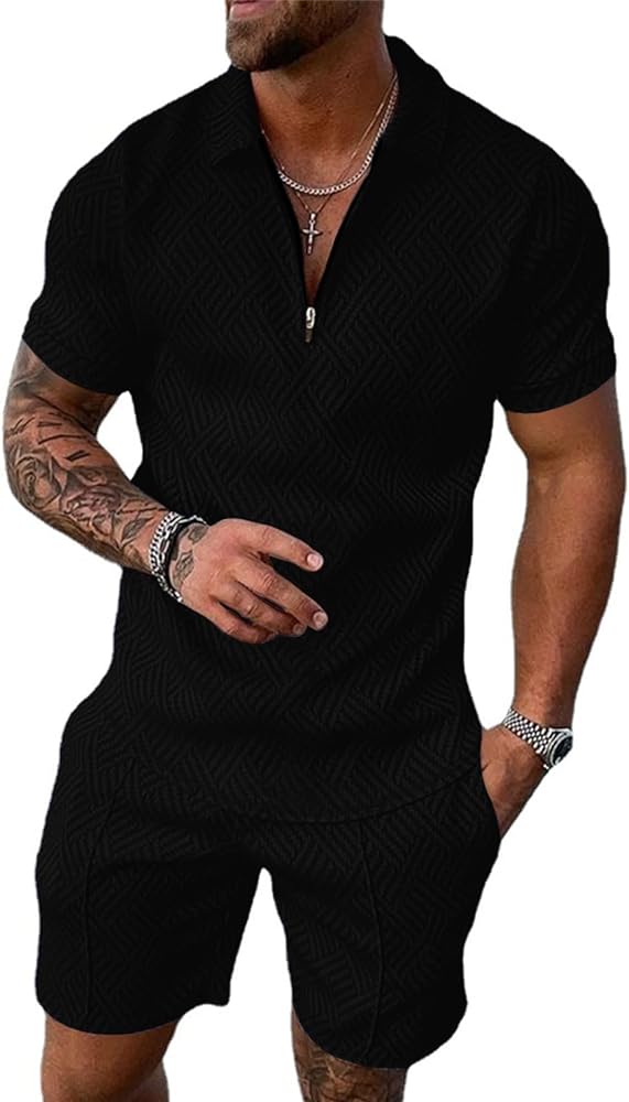 Mens 2 Piece Zip Tracksuit Polo Shirt and Shorts Sets Short Sleeve Summer Casual Outfit