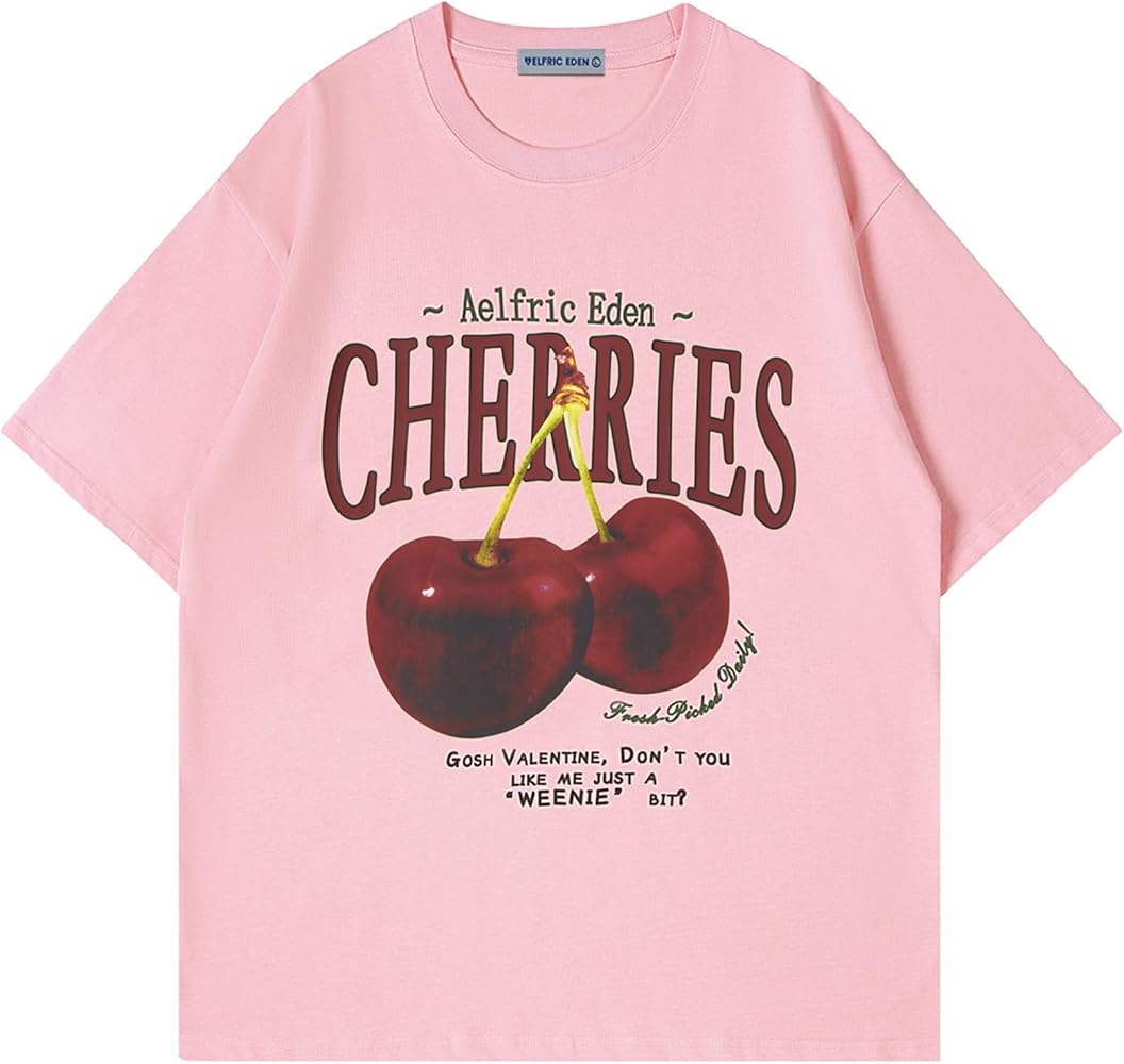 Aelfric Eden Oversized Graphic Tees Unisex Cherries Print T Shirts Casual Summer Short Sleeve Top Cotton Cute Tee Shirt