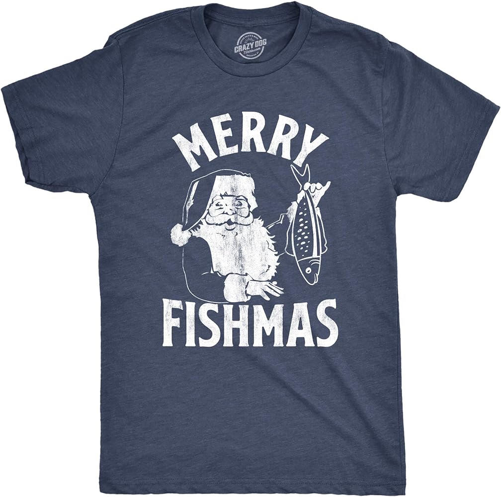 Mens Merry Fishmas Tshirt Funny Christmas Santa Claus Fishing Tee