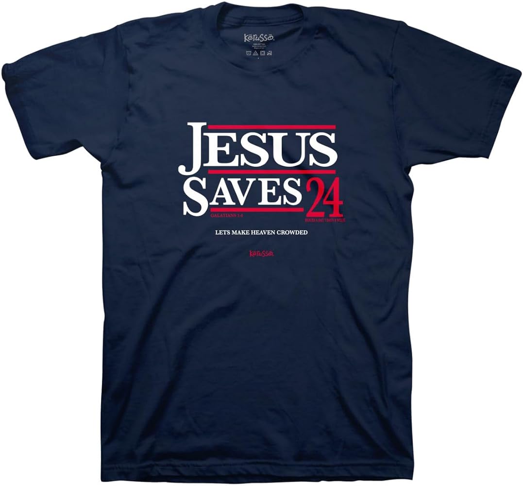 Kerusso Jesus Saves 24 Hours A Day 7 Days A Week Let's Make Heaven Crowded Navy Blue Cotton Crew Neck T-Shirt