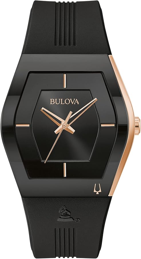 Bulova Latin Grammy Gemini Quartz Rose Gold Stainless Steel Accent with Curved Mineral Crystal and Black Silicone Strap Watch, Mens